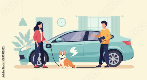 Couple charges electric car at home with dog nearby
