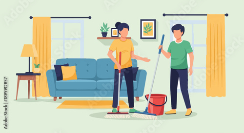 Couple cleaning living room with mops and bucket