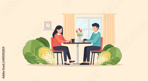 Couple enjoys drinks and fresh produce at a bright table with window view