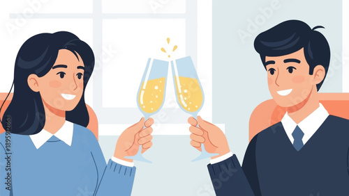 Couple celebrating with champagne toast, joyful smiles, and bubbly drinks