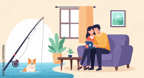 Couple relaxing indoors, dog fishing outside