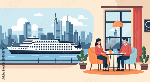 Couple enjoys coffee indoors while a cruise ship sails past a city skyline