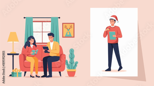 Couple relaxing indoors, man in Santa hat with checklist