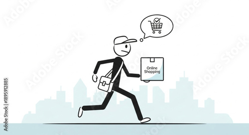Delivery person running with online shopping package and cart icon in speech bubble.