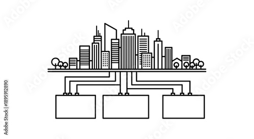 Smart City Infrastructure Diagram with Central Urban System Connected to Multiple Service Platforms, line icon illustration