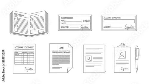 Banking Documentation: An assortment of essential banking documents, rendered in precise lines, illustrating the administrative aspects of financial management. 