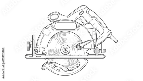 Circular Saw: A detailed line art rendering of a robust circular saw, a symbol of precision and power in the world of carpentry and construction.