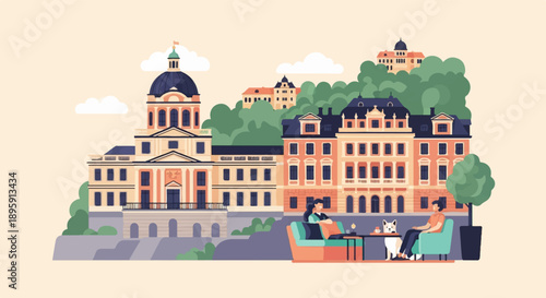 Charming cityscape with elegant buildings and two people relaxing