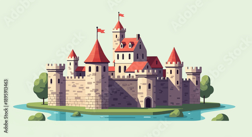 Charming stone castle with red-tiled roofs sits on an island surrounded by water