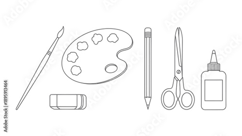 Artistic Essentials: A line drawing composition featuring the tools of art. brush, palette, pencil, scissors, eraser, and glue bottle