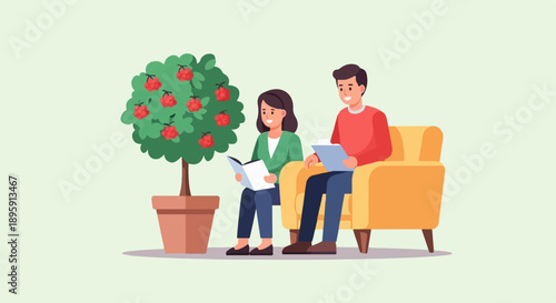 Couple relaxing indoors reading books next to a potted fruit tree