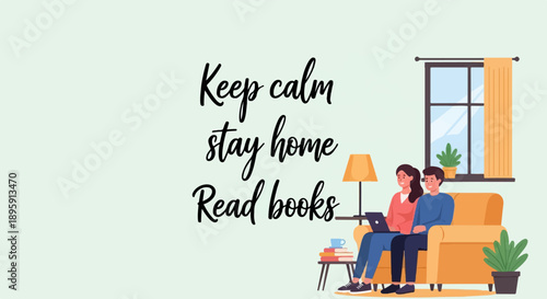 Couple relaxing indoors, reading books, and using a laptop