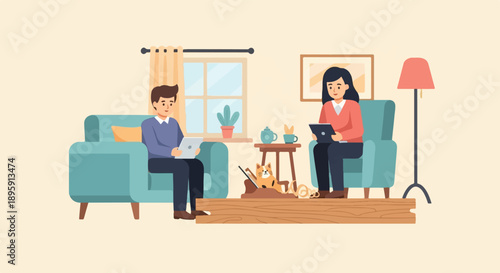 Couple relaxing indoors using tablets with a cat nearby