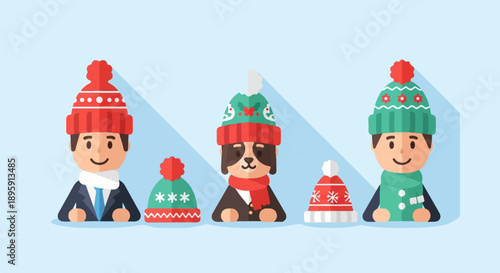 Cheerful cartoon characters in winter hats and scarves