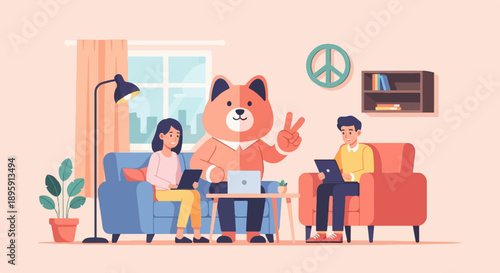 Cheerful cartoon characters relax indoors, working and socializing