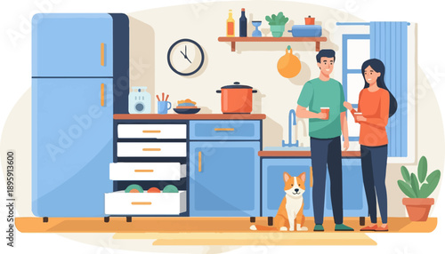 Cheerful couple enjoying morning coffee with their dog in a bright, modern kitchen