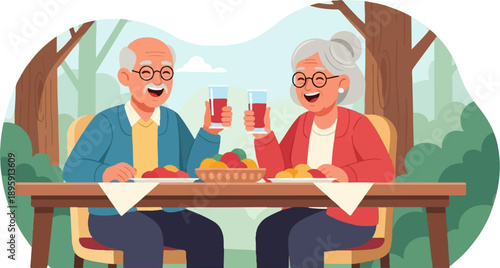 Cheerful elderly couple enjoying a meal outdoors amidst nature