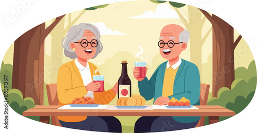 Cheerful elderly couple enjoying a picnic lunch with drinks and food in a park