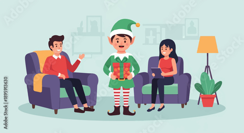 Cheerful elf with gift surrounded by people relaxing indoors