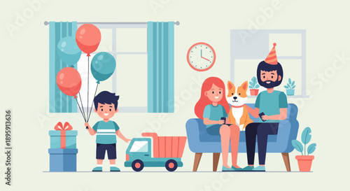 Cheerful family, child, dog, gifts, and balloons at home celebrate
