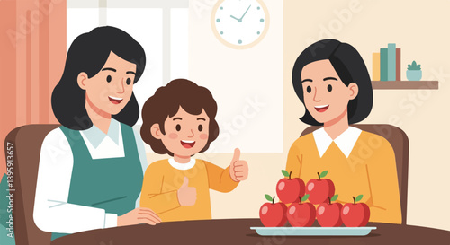 Cheerful family gathering, child gives thumbs up near apples