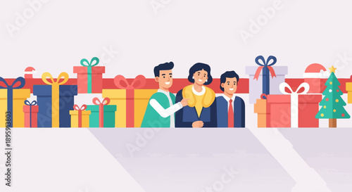 Cheerful group with gifts and a festive tree