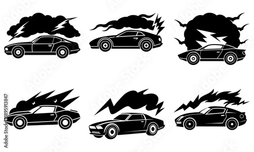 Set of six high-performance cars in motion with smoke trails, isolated on a clean background, viewed from the side