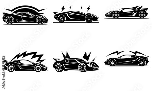 Dynamic sports cars in motion, showcasing speed and energy from various viewpoints in a sleek illustration.