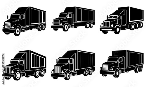 Various trucks illustrated from different viewpoints showcasing different models and sizes