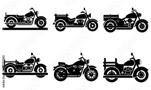 Six distinct motorcycles illustrated from a side viewpoint, showcasing different models against a plain white background