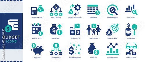 Budget Icons set. Containing accounting, cash flow, savings, spending, income, Outline Icon Collection. Vector illustration. Editable Solid vector icons collection.