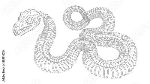 Snake Skeleton: An intricate illustration of a snake skeleton, showcasing the detailed anatomy of the reptile, a visual exploration of skeletal structure and biological form.