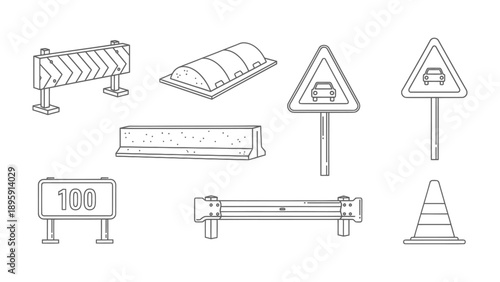 Road Safety Elements: A collection of road safety elements, including signs, barriers, and cones, designed to enhance road safety and guide drivers.