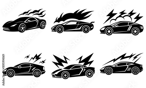 Set of black sports cars in various dynamic poses with motion effects
