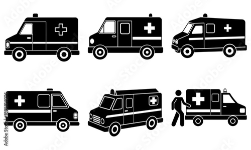 Ambulance vehicles and a person standing, illustrated in a medical emergency scene from a straightforward viewpoint