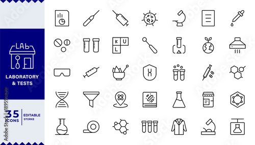 Pixel Perfect, Laboratory and Tests Icon Set. A precise collection of icons for scientific testing and research, perfect for enhancing educational materials, lab websites, and health applications.