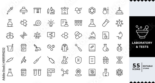 Pixel Perfect, Laboratory and Tests Icon Set. A precise collection of icons for scientific testing and research, perfect for enhancing educational materials, lab websites, and health applications.