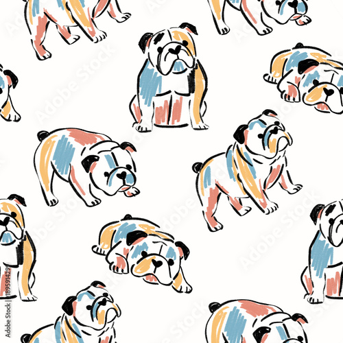 Photos Hand Drawn English Bulldog Seamless Pattern with Artistic Brush Strokes and Past