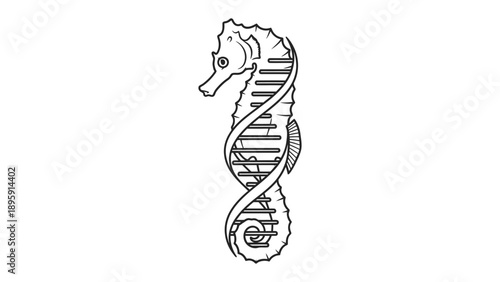 Seahorse Fusion: An artistic, abstract depiction of a seahorse, gracefully intertwined with a DNA strand, merges marine life with scientific exploration.