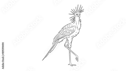 Secretary Bird Illustration: A detailed line art illustration of a secretary bird in a confident stance, its distinctive crest and poised posture highlighting its unique beauty.
