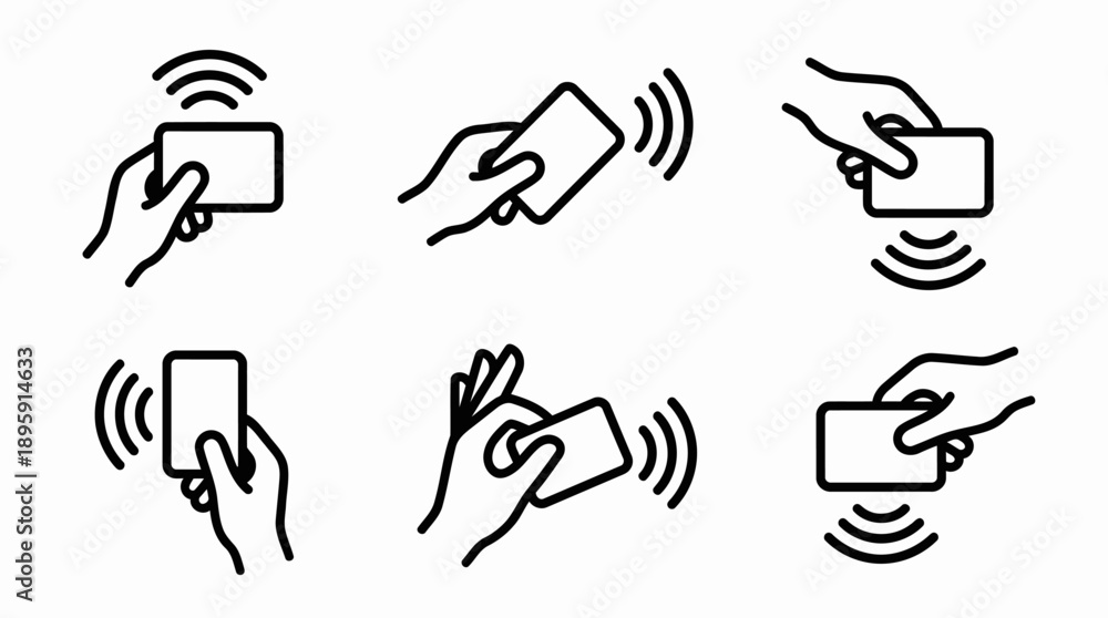 Obraz premium Contactless payment hand icon set with NFC wireless technology and touchless transaction gesture symbols.