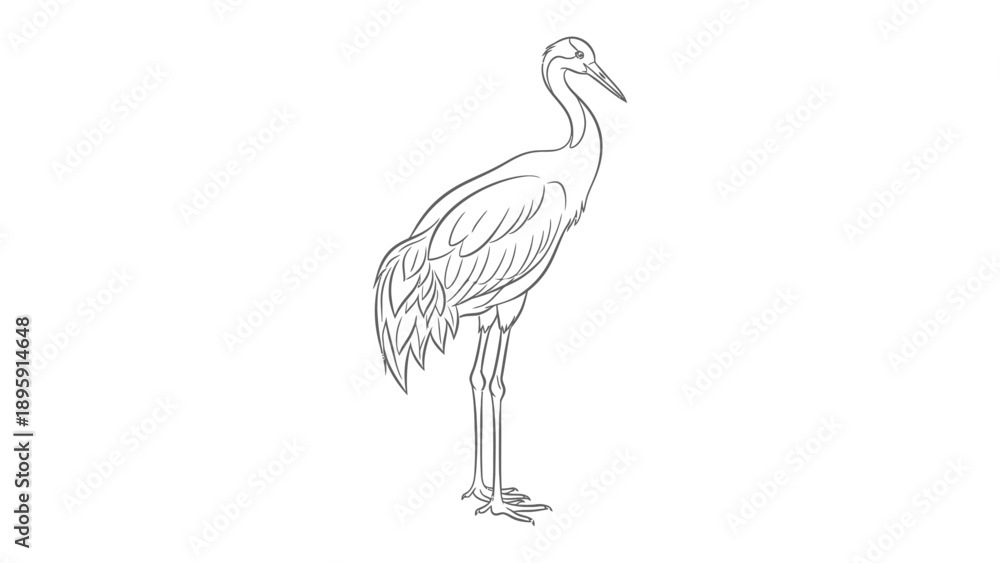 Fototapeta premium Elegant Crane Silhouette: A minimalist monochrome sketch of a tall crane, rendered with delicate lines that capture the bird's graceful posture and refined avian features.