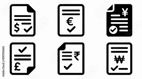 Financial document icon set with checkmark and dollar, euro, yen, pound, rupee, and won currency symbols, for invoice, contract, and payment agreement verification.