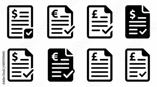 Financial document icon set with invoice, bill, and payment receipt symbols featuring dollar, euro, and pound currency symbols.