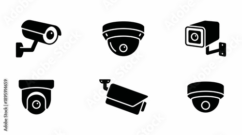 Security camera icon set with CCTV surveillance and monitoring system symbols in black silhouette style