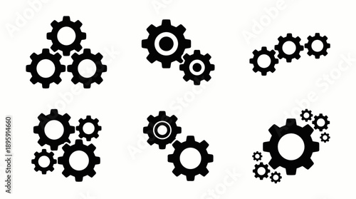 Vector black gear, cogwheel icon set, mechanical engineering symbol for website or app UI isolated on  white background.