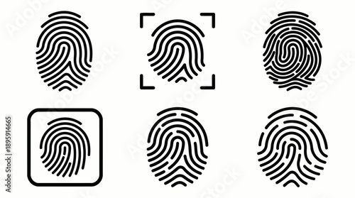 Fingerprint icon set with biometric scan symbols for security, authentication, and identity verification design.