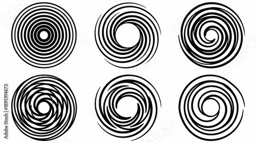 Circular spiral pattern collection with concentric rings and hypnotic vortex designs, isolated on White Background.