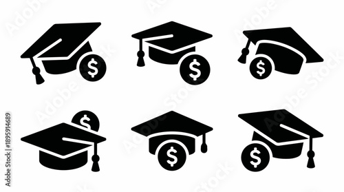  Graduation cap with dollar sign icon set for student loan, education cost, and tuition fee symbols.