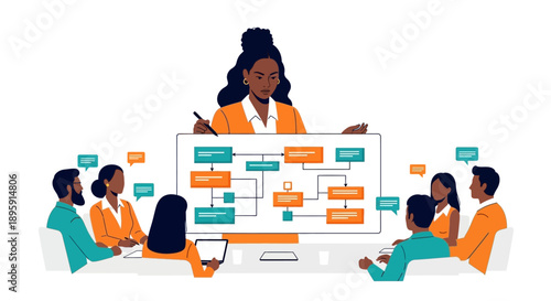 Diverse Business Team Meeting: Black Female Leader Presents Process Flowchart and Strategic Diagram for Project Planning and Corporate Workflow Analysis.